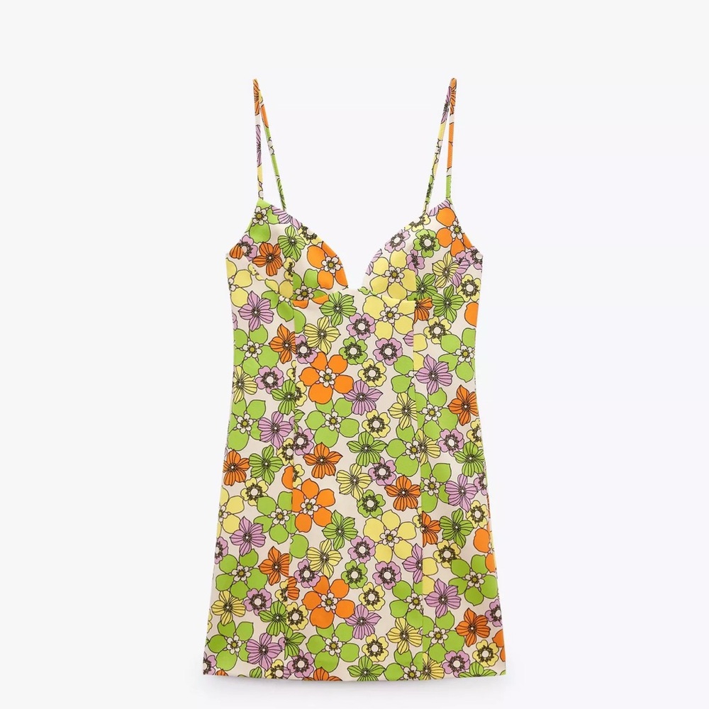 Zara Floral Mini Dress - Green, Orange, Purple